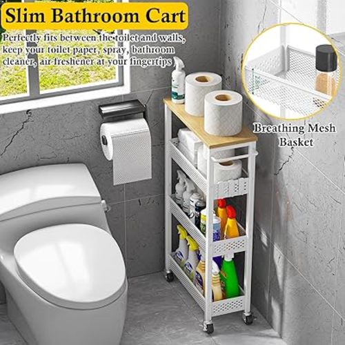 Utility Slim Storage Cart, 4 Tier Small Rolling Kitchen Laundry Room Cart with Wood Top, Metal Narrow Bathroom Storage Cabinet Mobile Shelf Unit Organizer Trolley with Handle for Narrow Space