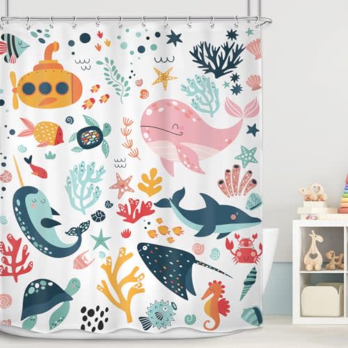 Mitpok Kids Shower Curtain Ocean Summer Cute Cartoon Whale Funny Kid Bathroom Decor for Nursery Boys Girls Underwater Coastal Submarine Fish Animal 60Wx72H Bath Curtain Fabric Polyester 12 Pack Hooks