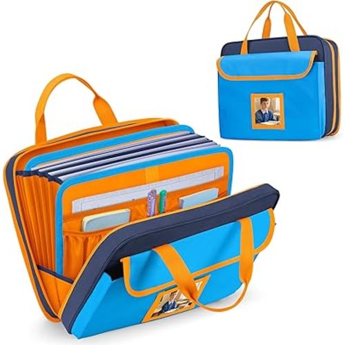 Zipper Document Bag for Boys and Girls, 9 Expandable Folders, Baby Portfolio Organizer Case with Customized Photo and Name Areas, Blue