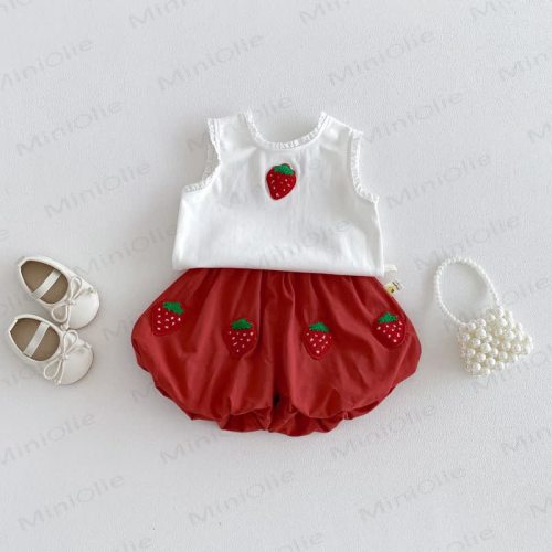 Baby Girl White&Red Strawberry Top and Shorts 2-piece Sleeveless Set