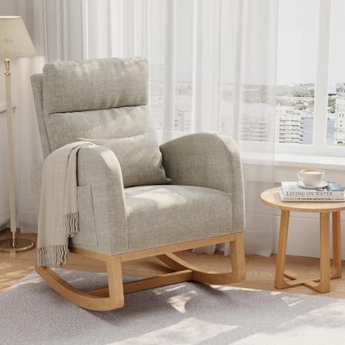 GarveeHome Rocking Chair, Modern Nursery Glider Chair with Side Pockets and Pillow, Rocker Chair for Living Room Bedroom Nursing Room, Grey