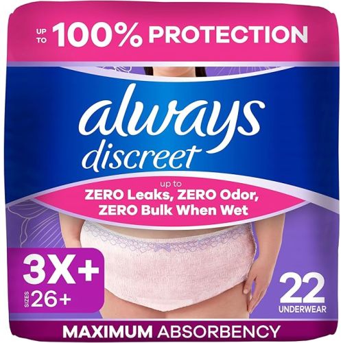 Always Discreet Adult Diapers for Women, Incontinence Underwear, Postpartum Essentials, Disposable Briefs, Max Absorbency, Bladder Leak Protection, Large, 28ct