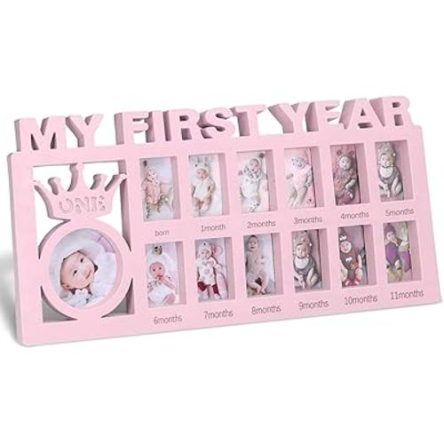 My First Year Picture Frame - Baby First Year Photo Frame for Baby 12 Month Picture Frame and Growth Record, Pink