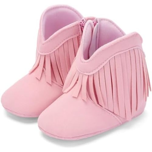 BACSAC Baby Girls Tassel Boots Zipper Infant Western Cowboy Boots Non Slip Toddler Short Boots Soft Comfort First Walker Suede Booties