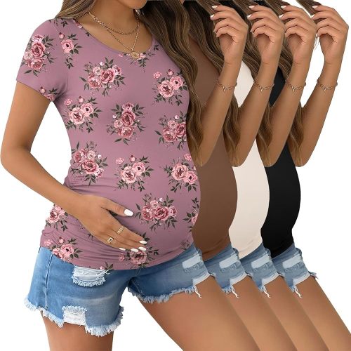 Ekouaer 3/4 Pack Womens Maternity Shirts Short Sleeve Pregnancy Tops