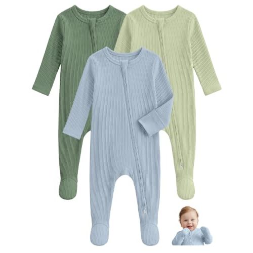 Unnivoll Viscose Bamboo Baby Pajamas Baby Sleepers Baby Boys Girls Clothes | Footie Pajamas for Newborn 0-3 3-6 6-9 Months, 3Pcs Soft Infant Footed PJs with Mitten Cuffs, Two Way Zipper, Long Sleeve