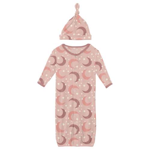 Print Layette Gown Converter & Single Knot Hat Set in Peach Blossom Moon and Stars