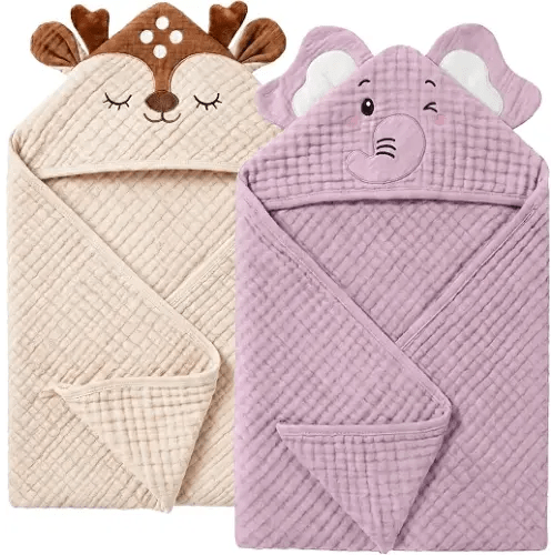 4 PCS Muslin Baby Bath Towels Set, 100% Cotton 2 PCS Animal Hooded Baby Towels 32x32 Inch & 2 PCS Washcloths, Ultra Absorbent & Soft Infant Newborn Essentials Gifts for Boys & Girls, Elephant & Deer