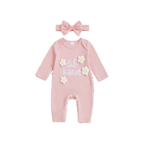 BemeyourBBs Newborn Baby Girl Little Sister Outfit Infant Baby Girl Spring Fall Winter Clothes Lil Sister Romper Long Sleeve Letter Floral Embroidery Jumpsuit with Headband