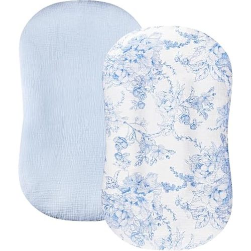 DILIMI Baby Lounger Covers, 2 Pack Muslin Newborn Lounger Cover, Soft Comfortable Removable Infant Pillow Slipcover for Girl and Boy, Blue & Floral (Lounger not Included)