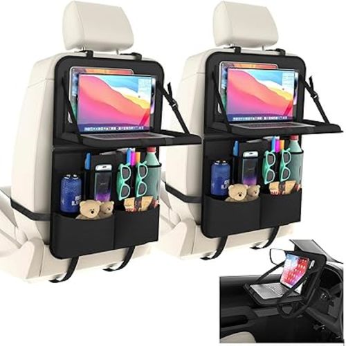 2 Pack Backseat Car Organizer with Tray, 11 Pocket Car Storage with Tablet Holder & Detachable Top for Steering Wheel, Road Trip Essentials Travel, Protector Kick Mats for Kids
