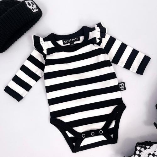 Baby Bodysuit - Striped Black & White with Frilled Sleeves - Gothic Fashion – Skeletots