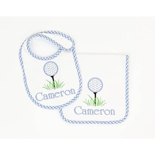 Monogrammed Baby Bib and Burp Cloth Set: Gingham Trim, Golf Design