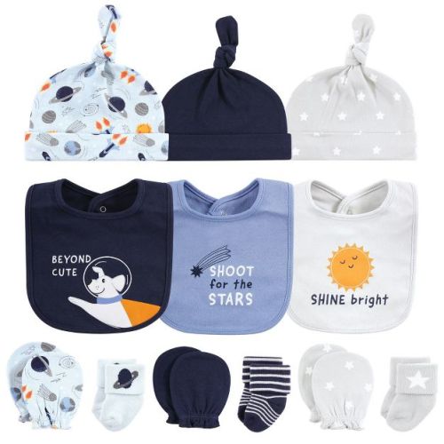 Hudson Baby Infant Boy Caps or Headbands, Bibs, Mittens and Socks 12pc Set, Space, 0-6 Months