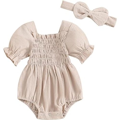 ZAXARRA Infant Baby Girl Plaid Romper Baby Pleated Romper Ruffle Festival Bodysuit Spring Summer Clothes with Headband