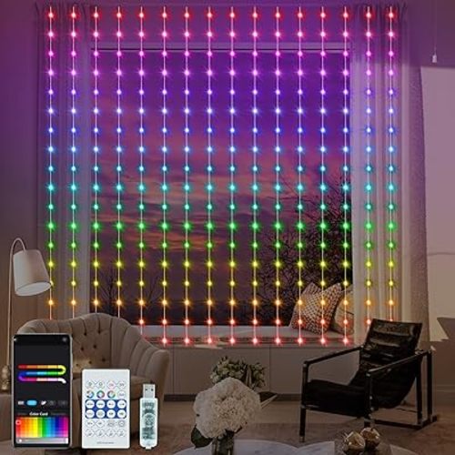LumBelle Smart Curtain Lights RGB 5050 Built in Chip, Color Changing Curtain Lights with Music Sync APP Remote Control, 8Ft x 6Ft 144LED USB Powered Fairy Lights for Party Patio Garden Decor