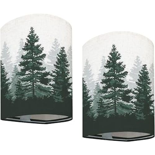 Wall Sconces Set of Two Battery Operated Forest Nature Landscape Evergreen coniferous Trees Pine Spruce Plug in Wall Lights Fixtures Remote Dimmable for Bedroom Living Room Hallway