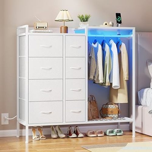 Dresser with Hanging Rack, 8-Drawer Dresser for Bedroom with Charging Station & LED Lights, Kids Dressers with Shoe Rack, Chest of Drawers with Wooden Top for Bedroom, Kids Room, White, 11.8"D