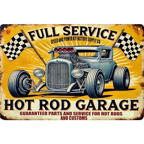 Decorative Signs & PlaquesVintage Racing Car Tin Sign, Retro Garage Metal Sign, Car Lover Gift,Wall Decor for Man Cave,Cars Room,Bar, Cafes Pubs,Outdoor Patio 8x12 Inches (HOT ROD GARAGE)