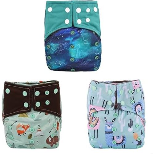 3 AIll in One Cloth Diapers Nappies for Night AIO Sewn in Insert Reusable Washable (Whales Foxes)