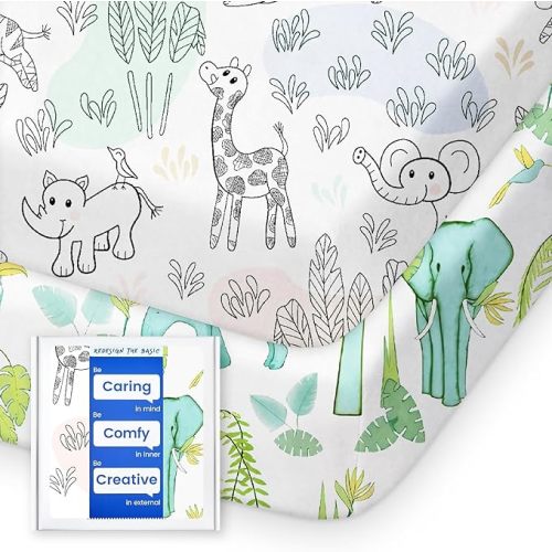 Mini Crib Sheets Boy Girl, Ultra Soft Pack N Play Sheets Fitted, Neutral Pack and Play Mattress Sheets, Premium Jersey Knit Portable Crib Sheets, Secure and Cute, Elephant & Cartoon Safari