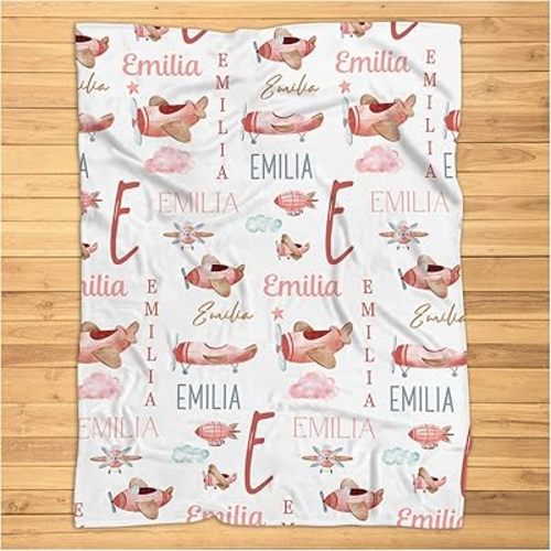 Personalized Airplane Blanket, Pink Airplane Baby Blanket, Custom Name Airplane Nursery Baby Blanket Shower Gift Plush Blanket for Baby for Kids