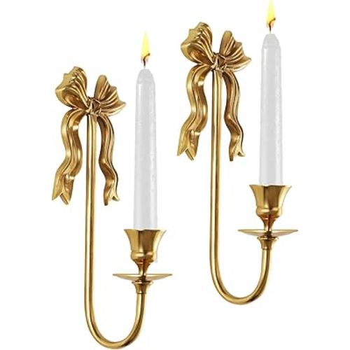 Vintage Gold Bow Candle Holders Set of 2, Solid Brass Wall Mounted Tapered Candle Sconce, Candle Holder Wall Decor for Living Room, Bedroom and Hallway
