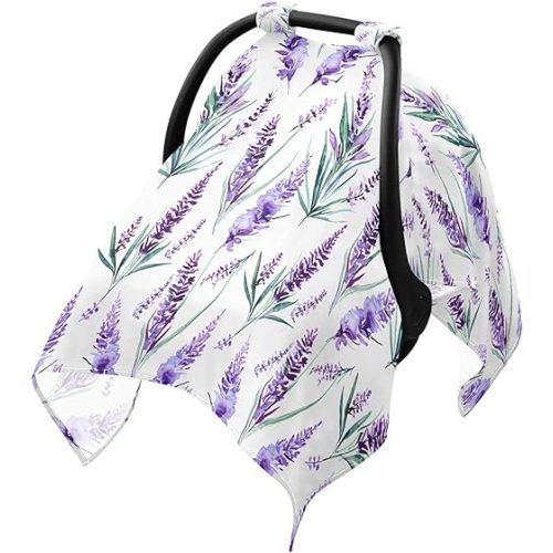 Purple Lavender White Flower Baby Car Seat Cover Breathable Infant Car Seat Cover Muslin Cotton Carseat Canopy Lightweight for Summer Sun Bug