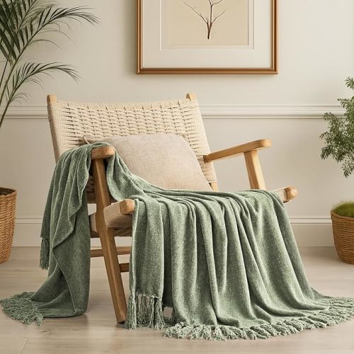 Chenille Knit Throw Blanket for Couch, 50"x60", Sage Green | Cozy Plush Fuzzy Knittd Throw with Tassels, Lightweight, Decorative, Farmhouse Decor, Ideal for Bed Sofa Gift, All Seasons