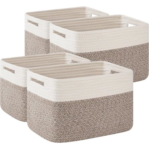 OIAHOMY 4 Pack Storage Baskets for Organizing, Basket for Shelves with Handle, Woven Baskets for Storage Toys, Towels, Books, Cotton Rope Basket 13" L x 9 " W x 7.8 " H, Deep Brown & White