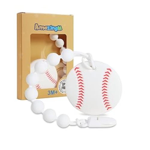 Baby Food Grade Silicone Sport Ball Teether Toy with Pacifier Clip Holder,Teething Toys Gift Set for 3 Months+ Boys and Girls,Freezer Safe,BPA Free. (Baseball)