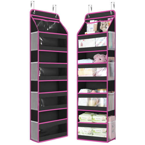 LazySpin 4-Tier Over the Door Organizer, Swing-Proof Behind the Door Storage Hanging Shelves, Black and Pink