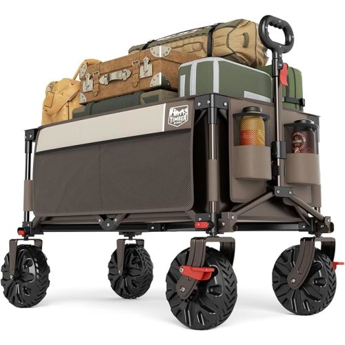 Timber Ridge Outdoor Collapsible Wagon Utility Folding Cart Heavy Duty All Terrain Wheels for Shopping Camping Garden with Side Bag and Cup Holders,Tan