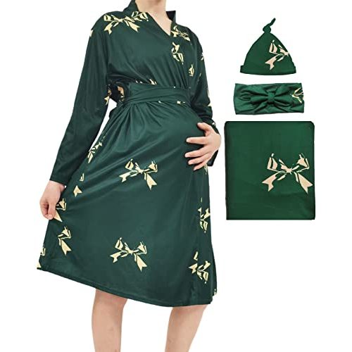 Mommy Robe for Maternity with Matching Swaddle Blanket Girls Boys, Delivery Labor Robe for Hospital Women Dress