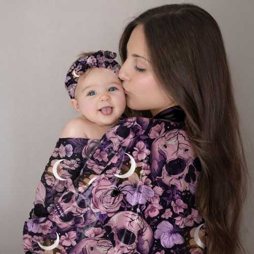 PERSONALIZED Matching Robe and Swaddle Set for Mom and Baby | Skulls Florals and Moons Swaddle Blanket, Witchy Pastel Goth Newborn