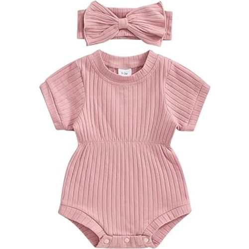 Baby Girl Summer Clothes Ribbed Short Sleeve Romper Solid Color Bodysuits Bow Headband Outfit Newborn Girl Jumpsuit