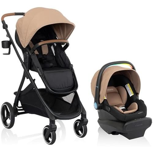 Evenflo Shyft Intuiti Travel System with LiteMax NXT Infant Car Seat | with SensorySoothe, 6 Modes of Use, Rear-Facing Mode 3-30 lbs, Lightweight Car Seat (Caramel Tan)