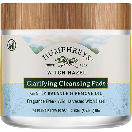 Humphreys Witch Hazel Clarifying Cleansing Pads | Wild Harvested Witch Hazel | Natural, Fragrance-Free Formula | Removes Oil & Impurities | 60 Rounds