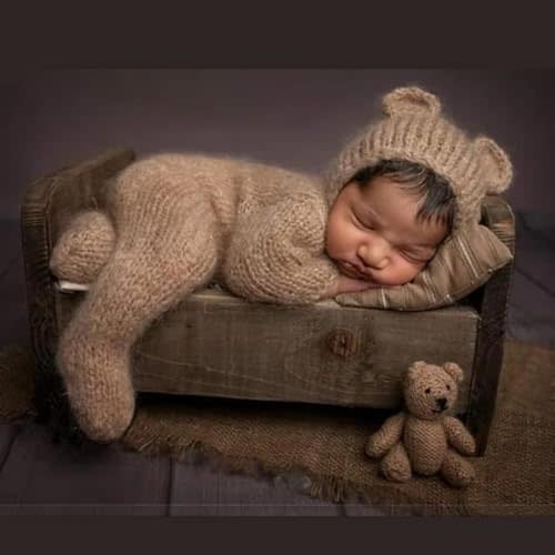 Newborn Photography Props Outfits Boys Girl Mohair Bear Hat Romper Bodysuit