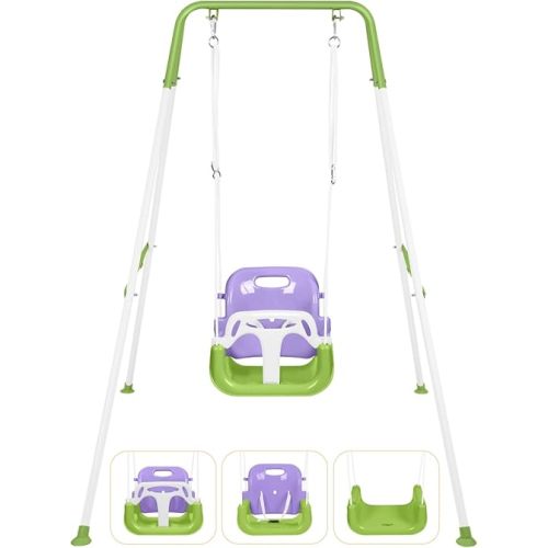 3-in-1 Toddler Swing Set, Baby Swing with Stand for Outdoor Indoor Play, Kids Swing Set for Backyard, Easy to Assemble and Store for Aged 6 Months to 10 Years Old