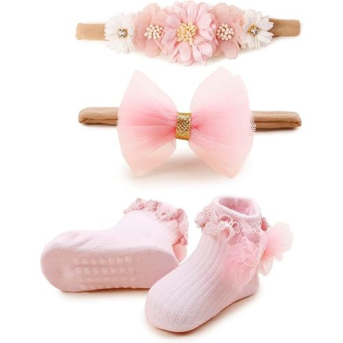 Baby Girls Headband & Socks Set, Cute Non Slip Cotton Socks with Flower Hair Bows Bowknot Style Baby Accessories Gifts for Newborn Infant Toddler
