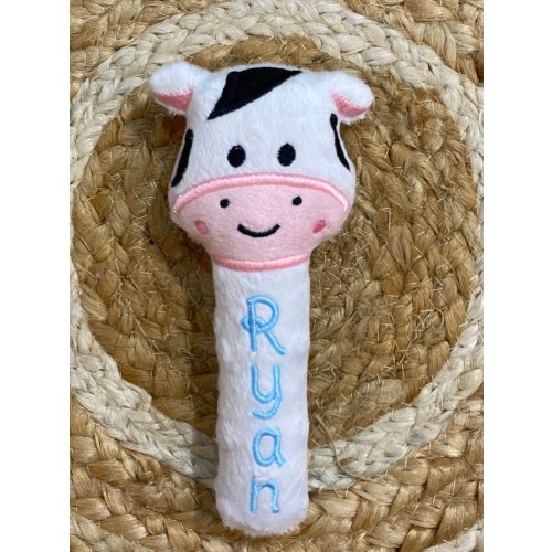 Personalized baby rattle toy cow.  Baby shower gift.  Name toy. Childrens hands rattle toy. Newborn farm theme gift. Animal custom stuffie.