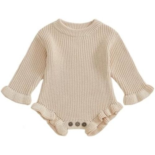 Baby Girl Fall Clothes Newborn Knit Sweater Romper Ruffle Solid Color Crochet Onesie One Piece Winter Outfit
