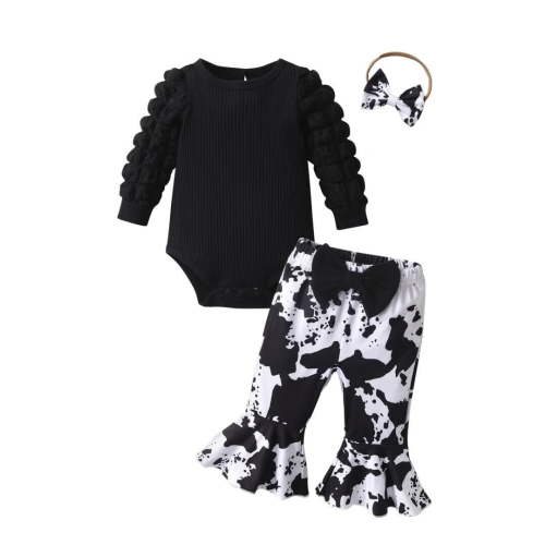 Newborn Infant Baby Girl Clothes Long Sleeve Romper Print Pants and Headband Outfits Set Black 6-9 Months
