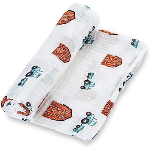 LollyBanks Swaddle Blanket, 100% Cotton Muslin Swaddle Blankets for Boys and Girls, Large 47 x 47 Inches Newborn Swaddles, Soft and Breathable Baby Blanket, Baby Essentials, Registry (Barn Print)