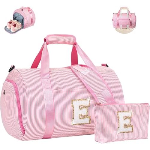Girls Travel Duffle Bag, Kids Overnight Bags with Shoe Compartment, Personalized Dance Bag with Makeup Pouch, Gifts for Teen Girls, Birthday Gift (Letter E)