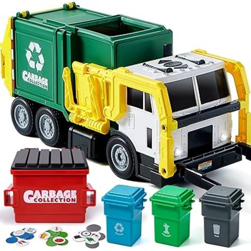 JOYIN Large Friction Powered Garbage Truck Toy Set, Includes 1 Dumpster, 3 Trash Bins, and 30 Learning Cards for Kids, Boy Toys Birthday Gift, Green