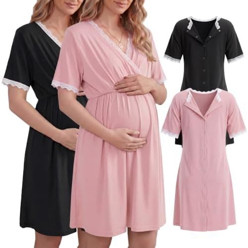 Cutecrop 2 Pack Labor and Delivery Gown for Hospital Maternity Nursing Button Back Gown Short Sleeve Breastfeeding Dress