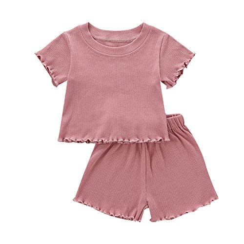 Kupretty Toddler Baby Girl Summer Clothes Ruffle Ribbed Knit Short Sleeves T-Shirt Tops + Shorts Cute Outfits Set