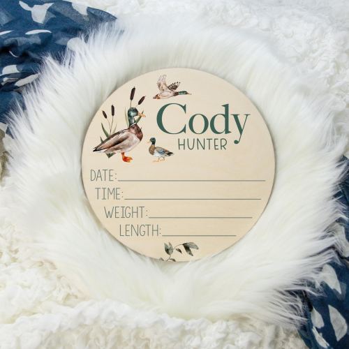 Duck Birth Stat Sign, Mallard Duck Birth Stat Sign, Round Wood Birth Stat Sign, Mallard Duck Nursery Theme, Personalized Birth Stat Sign B33
